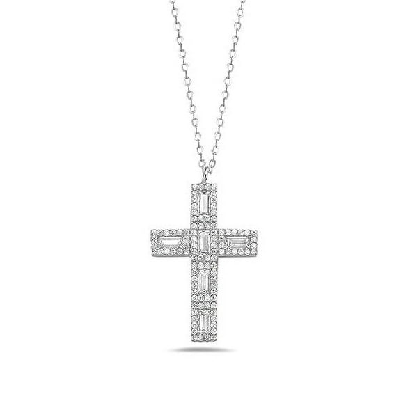 My Daily Styles 925 Sterling Silver Solid Cross Cubic Zirconia Women's Pendant - Adjustable Chain 16"-18" (Silver)