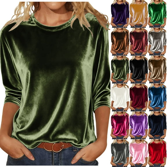 QATAINLAV Velvet Tops for Women 3/4 Sleeve Round Neck Pullover Casual Solid Color Comfy Velour Shirts, Blue, S