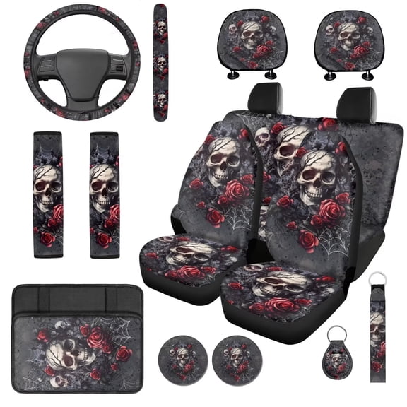 HUISEFOR 14 Pieces Rose Skull Car Seat Covers Full Set for Women Men Including Steering Wheel Cover, Belt Cover, Center Console Cover, Breathable, Comfortable, Fit for Most Sedans SUVs