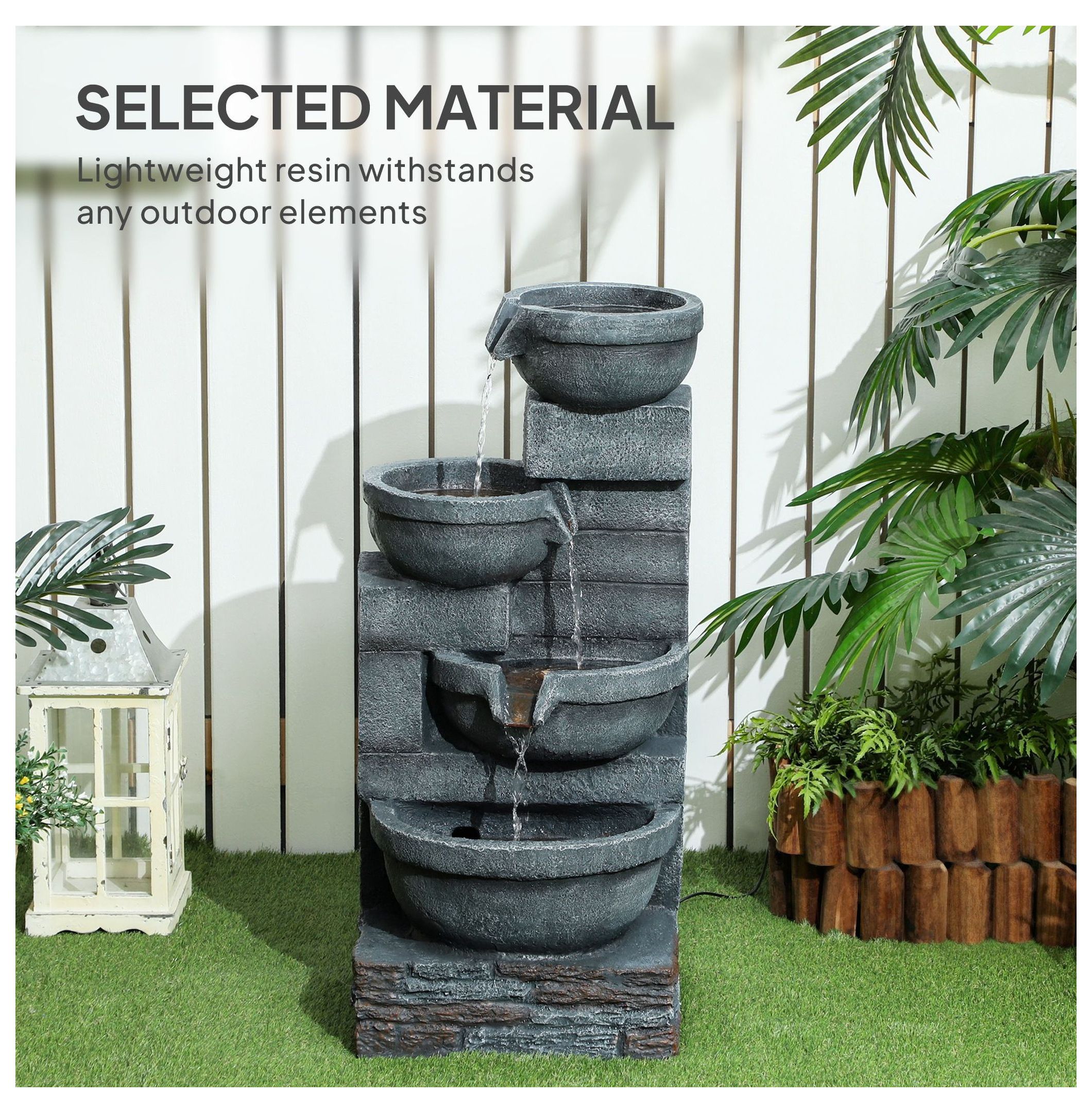 Outdoor Water Fountain 30" LED, 4-Tier Cascading Fountain for Garden, Patio, Backyard - Resin Waterfall Feature with Pump, Gray