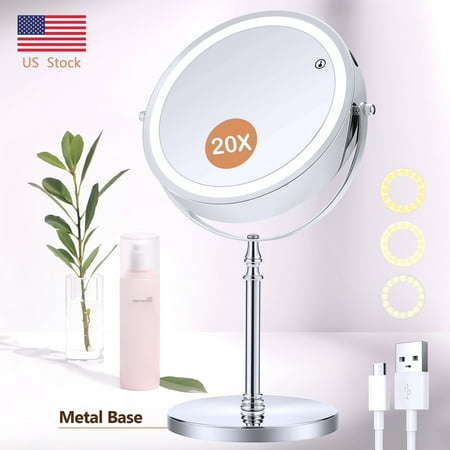B Beauty Planet 20X Lighted Magnifying Makeup Mirror Double Sided Makeup Mirror with 20X/1X Magnification 360°Rotation 3 Colors Brightness Adjustable Vanity Mirror with 42 LEDs 2000mAh