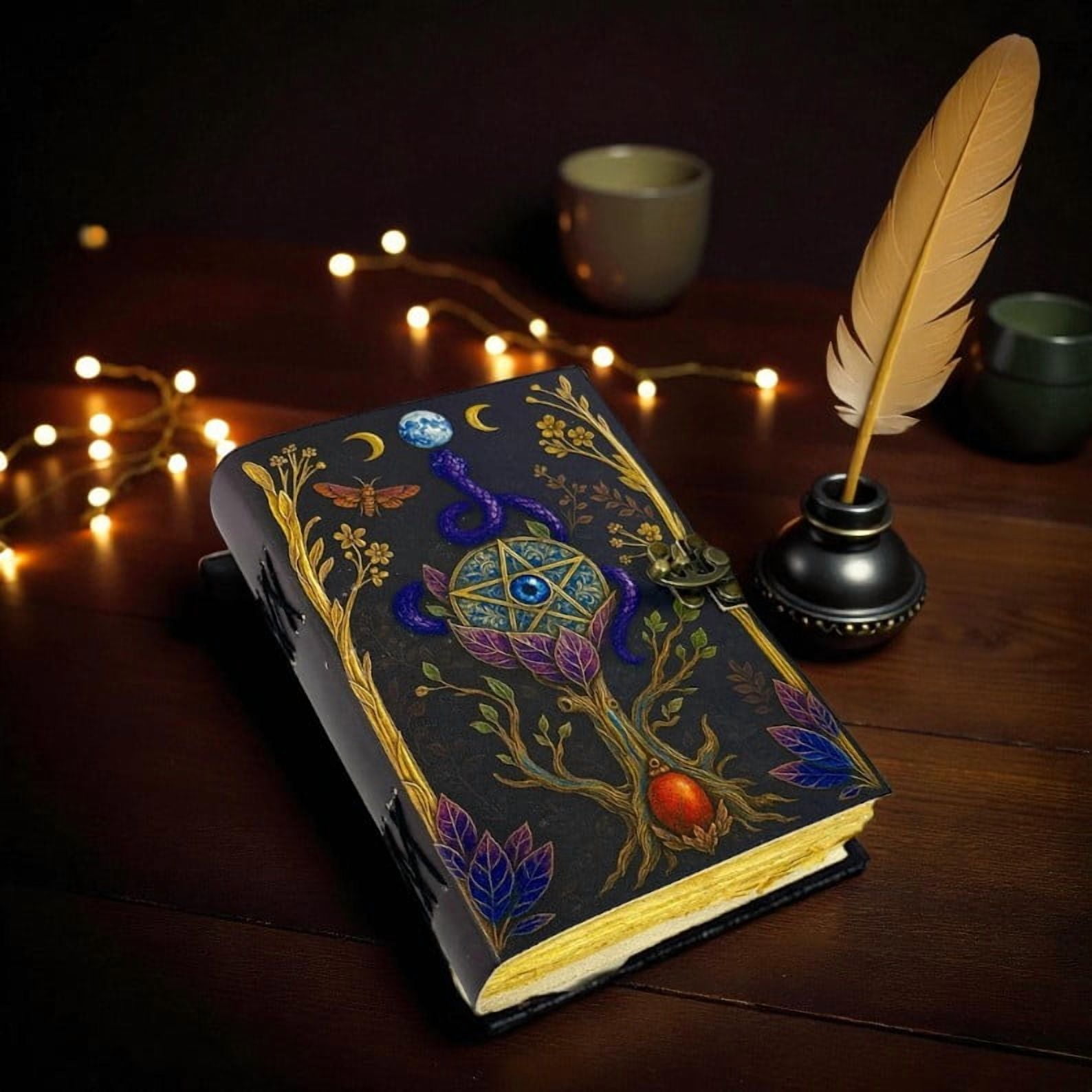 Handmade Leather Journal with Mystical Pentagram & Serpent Artwork – 5x7 Inch Vintage Notebook, 200 Deckle Edge Pages, Antique Metal Lock