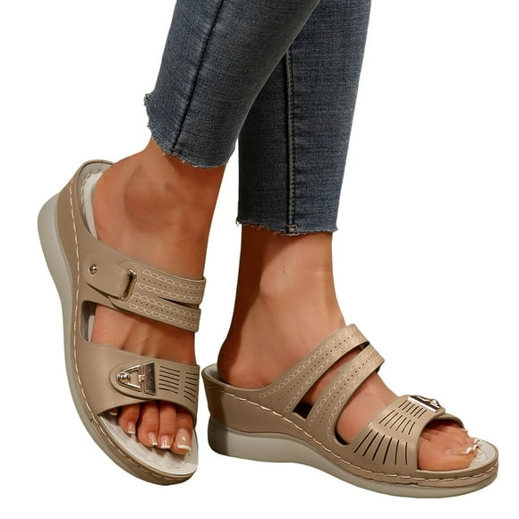 Womens Slip on Sandals Trendy Leather Wide Width Peep Toe Platform Wedge Heeled Dress Walking Slides Shoes