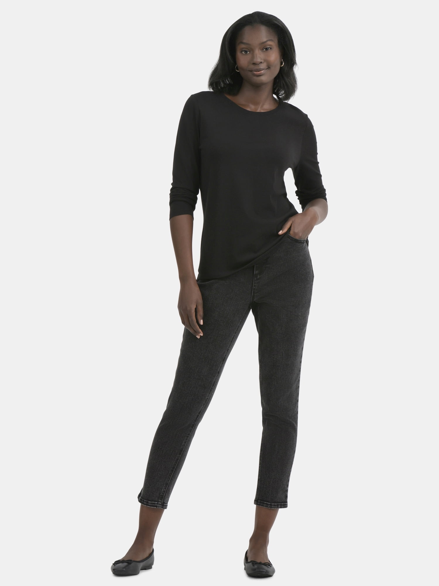 Time and Tru Women's Cotton Crewneck Tee with Long Sleeves, Sizes XS-XXXL