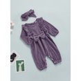 thumbnail image 3 of xiaxaixu Solid Color O-Neck Long Sleeve Ruffle Baby Romper with Hairband, 3 of 8