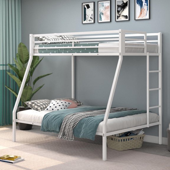 Bunk Bed, Twin over Full, with Safety Rail, Ladder, Metal Frame, White