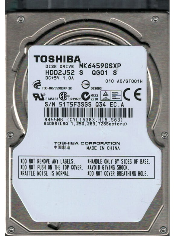 Toshiba MK6459GSXP 640GB HDD2J52 S QG01 S F/W: A0/GT001H