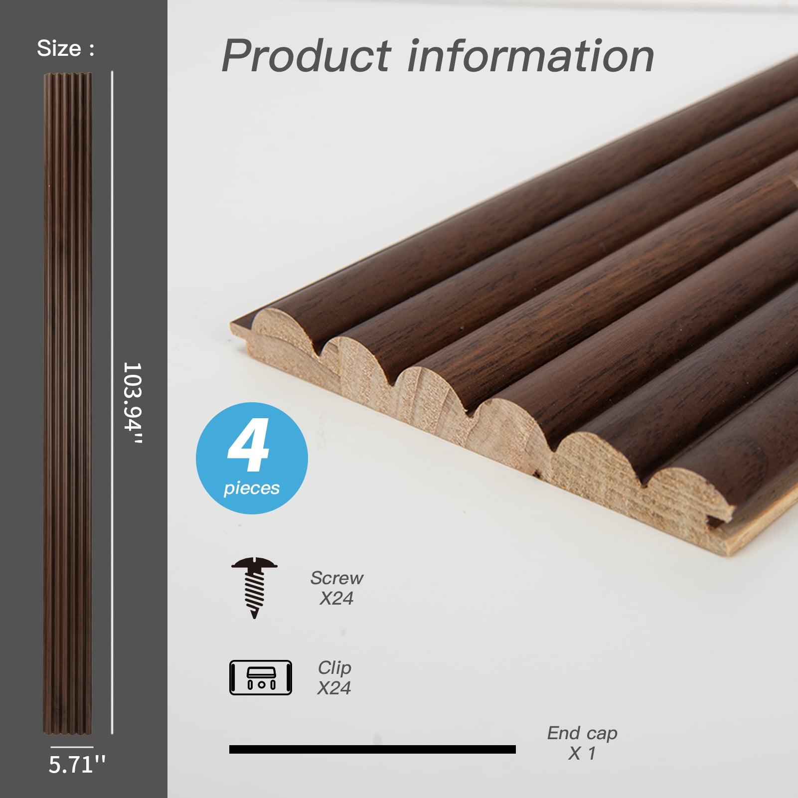4PCS 103.94''x 5.71' Fluted Wall Paneling , Textured Wood Accent Paneling for Ceiling & Wall Decor,Walnut