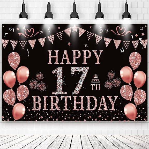 17th Happy Birthday Rose Gold Theme Backdrops Banner Birthday Party Decor Supplies,5.9x3.6ft
