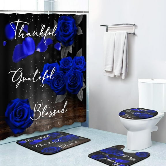 4 Piece Shower Curtain Sets, Blue Rose Flower Floral Plant with Non-Slip Rugs, Toilet Lid Cover and Bath Mat, for Bathroom Decor Set, 72" x 72"