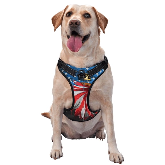 Vsdgher Eagle Head With American Flag Pattern Dog Harness,No Pull Pet Harness with Soft Padded Handle,Adjustable Reflective Vest with 2 Buckles,4 Slide Buckles,S-XL Small