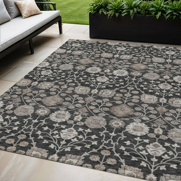 HomeRoots 605414 5 x 8 ft. Black, Brown & Beige Floral Washable Indoor & Outdoor Rectangle Area Rug