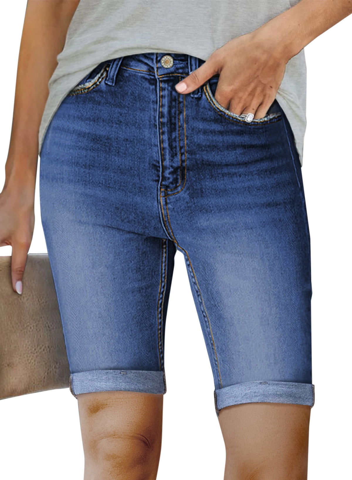 HOTAPEI Bermuda Shorts for Women Mid Rise Denim Shorts Rolled Short