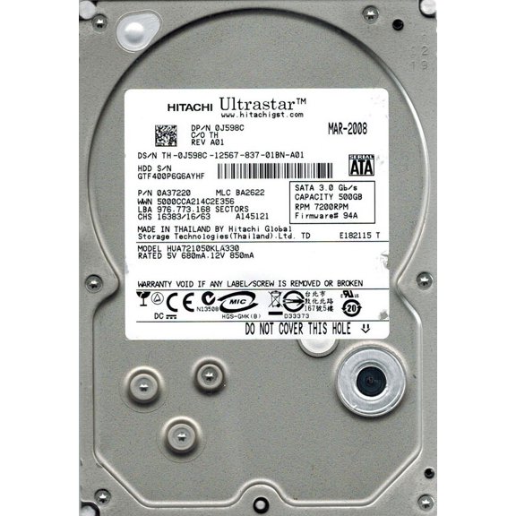 Hitachi HUA721050KLA330 P/N: 0A37220 MLC: BA2622 500GB