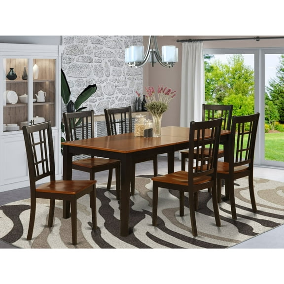 East West Furniture NICO7-BLK-W 7 Piece Formal Dining Room Set-Dining Room Table and 6 Chairs For Dining Room