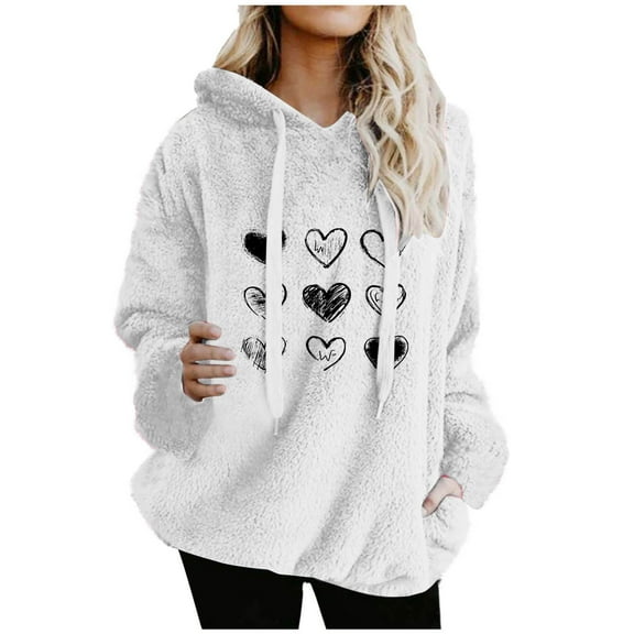 zbxnLI Women's Sherpa Hoodies Heart Graphic Fleece Fuzzy Sweatshirts Lightweight Pullover Hooded Tops