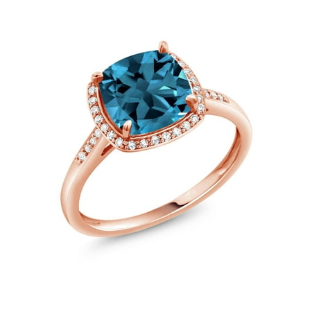 - 2.74 Ct Cushion London Blue Topaz 10K Rose Gold Ring with Diamond Accent