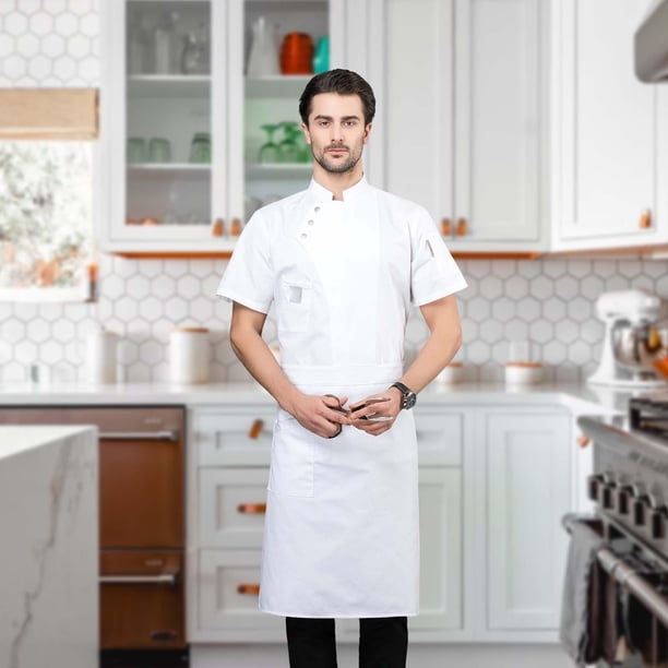 Hombres Mujeres Chef Coat con Bolsillo Uniforme Cómodo Camarero de Manga Corta Camarero Grande