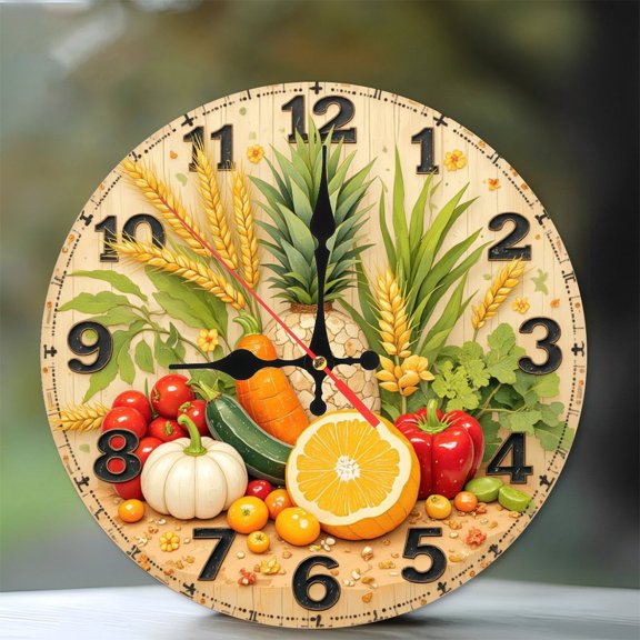 Farmhouse Fruit Vegetable Wall Clock Decor 10-Inch Silent Wooden Wall Clock, Battery Operated (AA Batteries Not Included), Artistic Home Decor