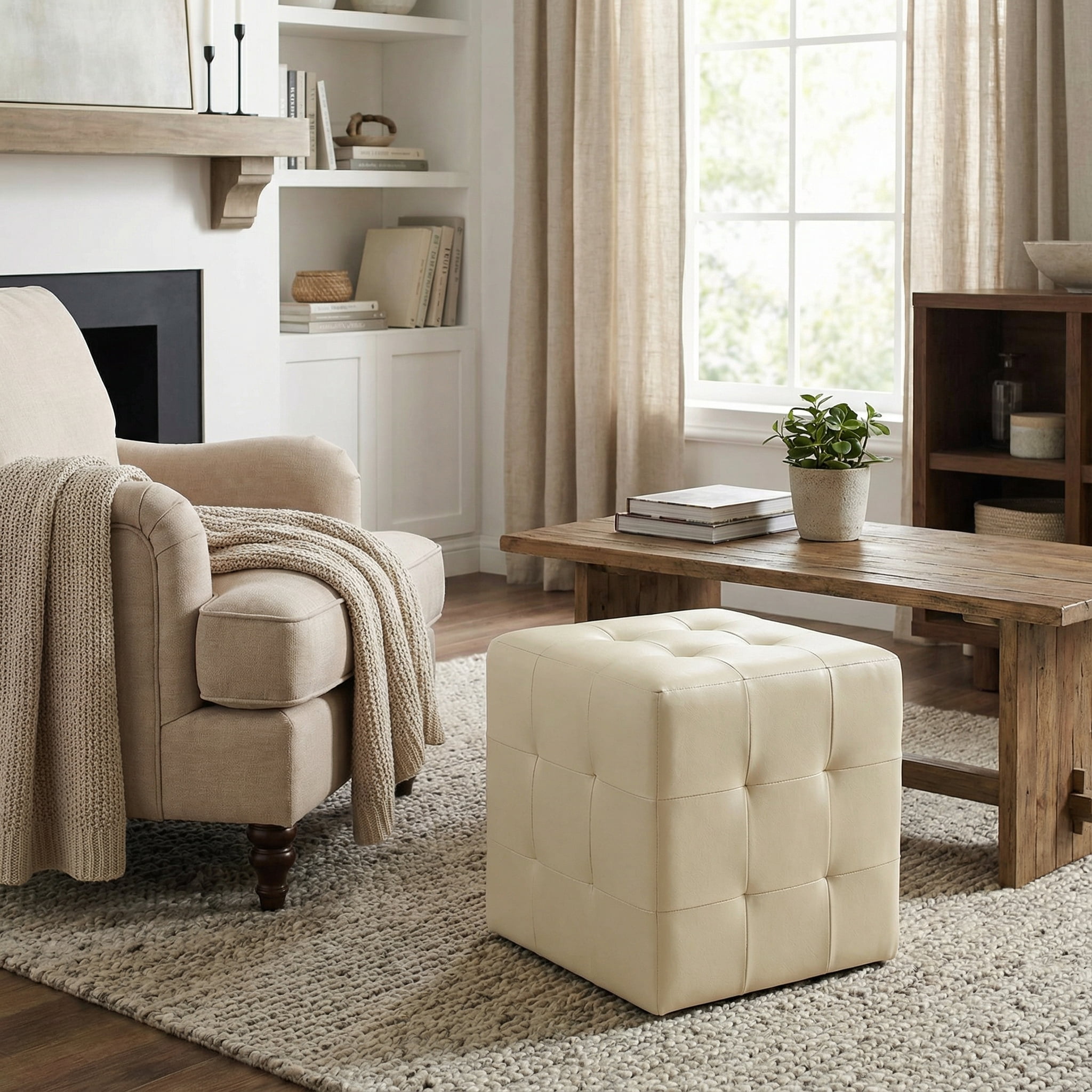 Cortesi Home Braque  Tufted Cube Ottoman in Ivory Faux Leather