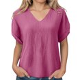 thumbnail image 4 of idosla Womens Summer Gauze Blouses Crinkle Texture V Neck Short Sleeve Pullover Shirts Solid Color Work Camping Outfits Top (Hot Pink, L), 4 of 7