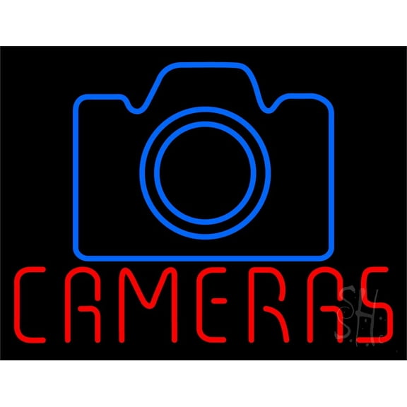 Red Cameras With Logo LED Neon Sign 15 x 19 - inches, Clear Edge Cut Acrylic Backing, with Dimmer - Bright and Premium built indoor LED Neon Sign for Computer & Electronics store decor.