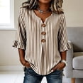 thumbnail image 4 of GERsome Women's V-Neck Button-Down Shirts with Ruffled 3/4 Sleeve Loose Fit Casual Striped Tops Khaki 2XL, 4 of 5