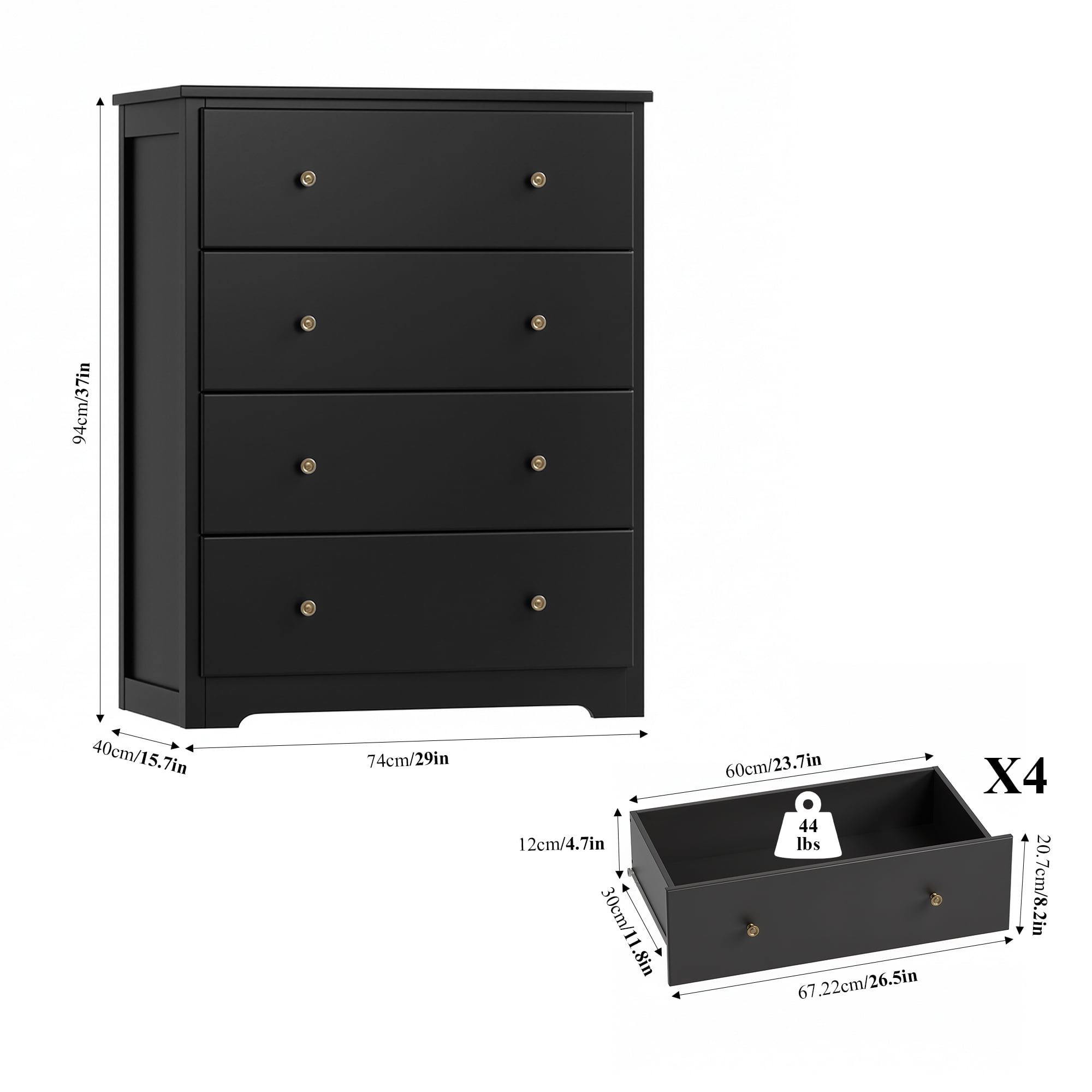 Homfa Dresser Chest, Modern Chest Organizer with 4 Drawers for Bedroom, Black Finish