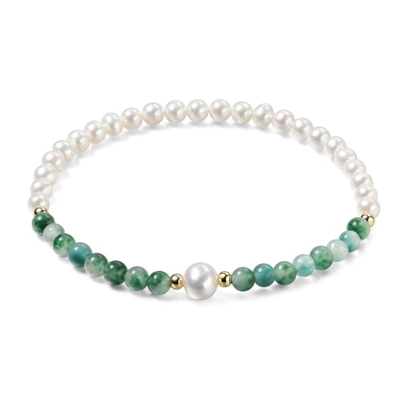 YAMI Freshwater Pearl Bracelet for Women, Green Jade Beaded Stretch Bracelet with 4-5mm Pearls and 8-9mm Center Pearl, 925 Sterling Silver Accents