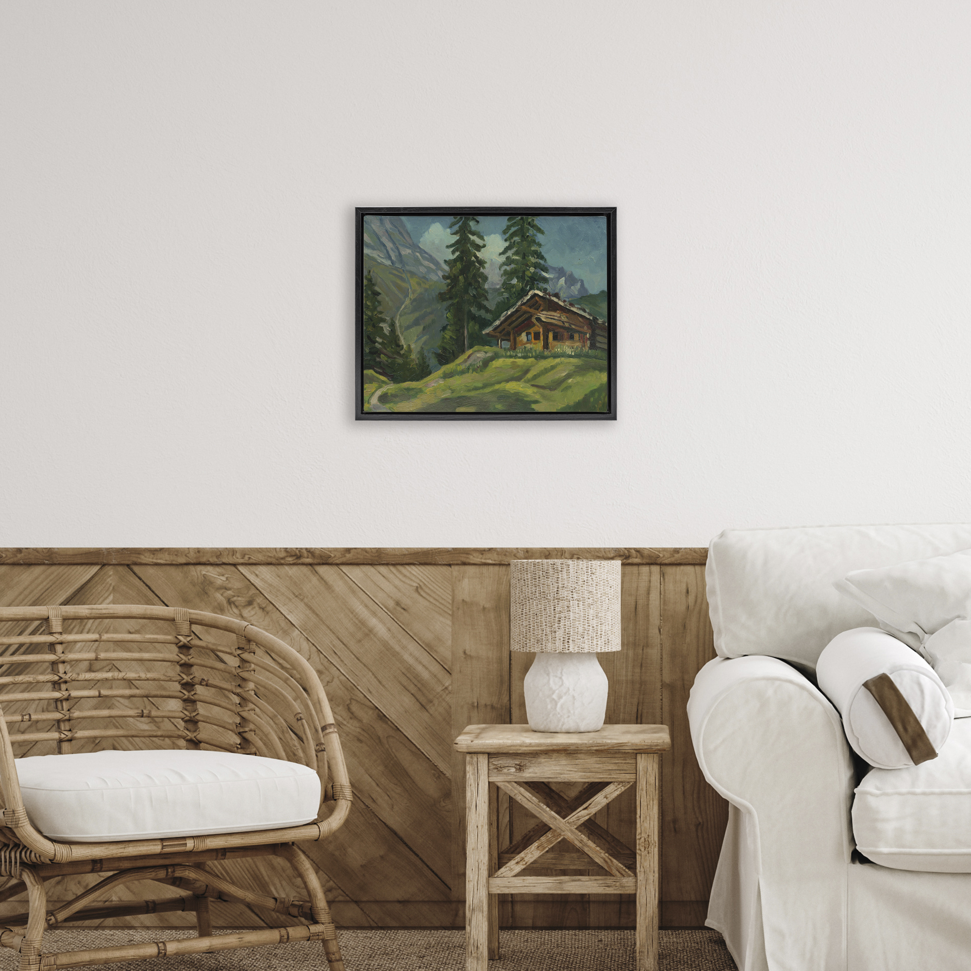 Cabin At Base Of Mountain Black Framed Floater Canvas Wall Art, design by Lettered and Lined