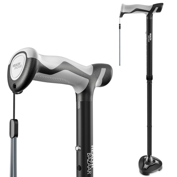 Healthbazaar Self Standing Pivot Walking Cane,Foldable,Adjustable Lightweight All-Terrain Stick with for Men & Women Seniors & Adults,Black