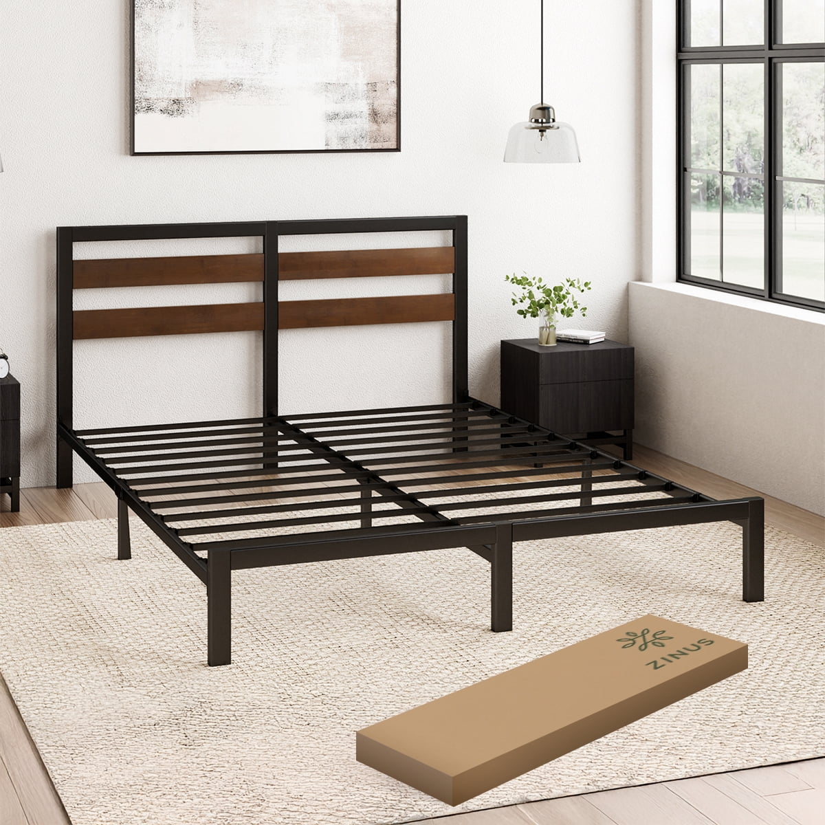 Base de Cama con Cabecera Metálica con Bamboo Matrimonial Zinus Shen. Fácil Armado.