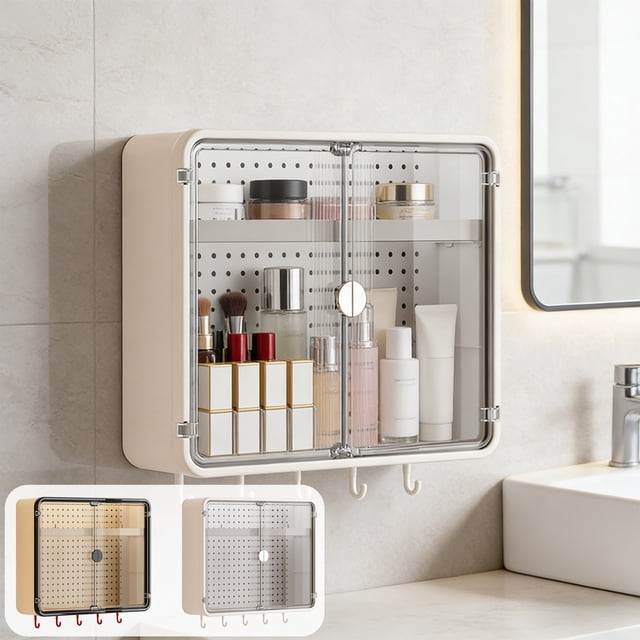 Sentmoon Corner Storage Corner Cabinet Bathroom Wall Mounted Storage Cabinet with Doubles Doors and Pegboard Multifunctional Organizer for Vanity and Shower