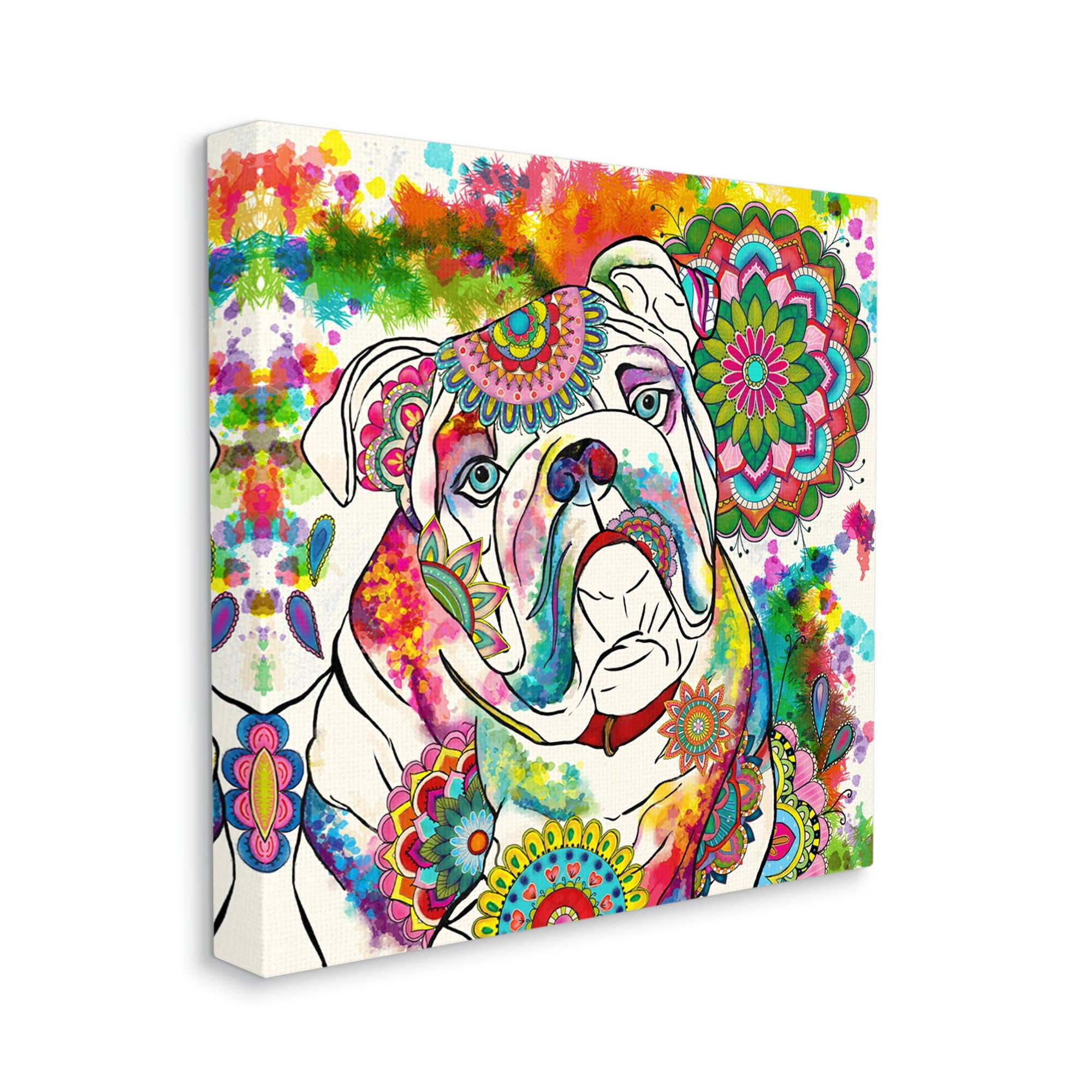 Stupell Industries Pet Bulldog Portrait Vibrant Medallion Boho Pattern, 17 x 17,Design by Sangita Bachelet