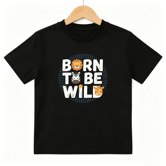 Born To Be Wild Boys Graphic Print T-Shirt, Cute Cartoon Safari Animals 100% Cotton Kids Short Sleeve Tee