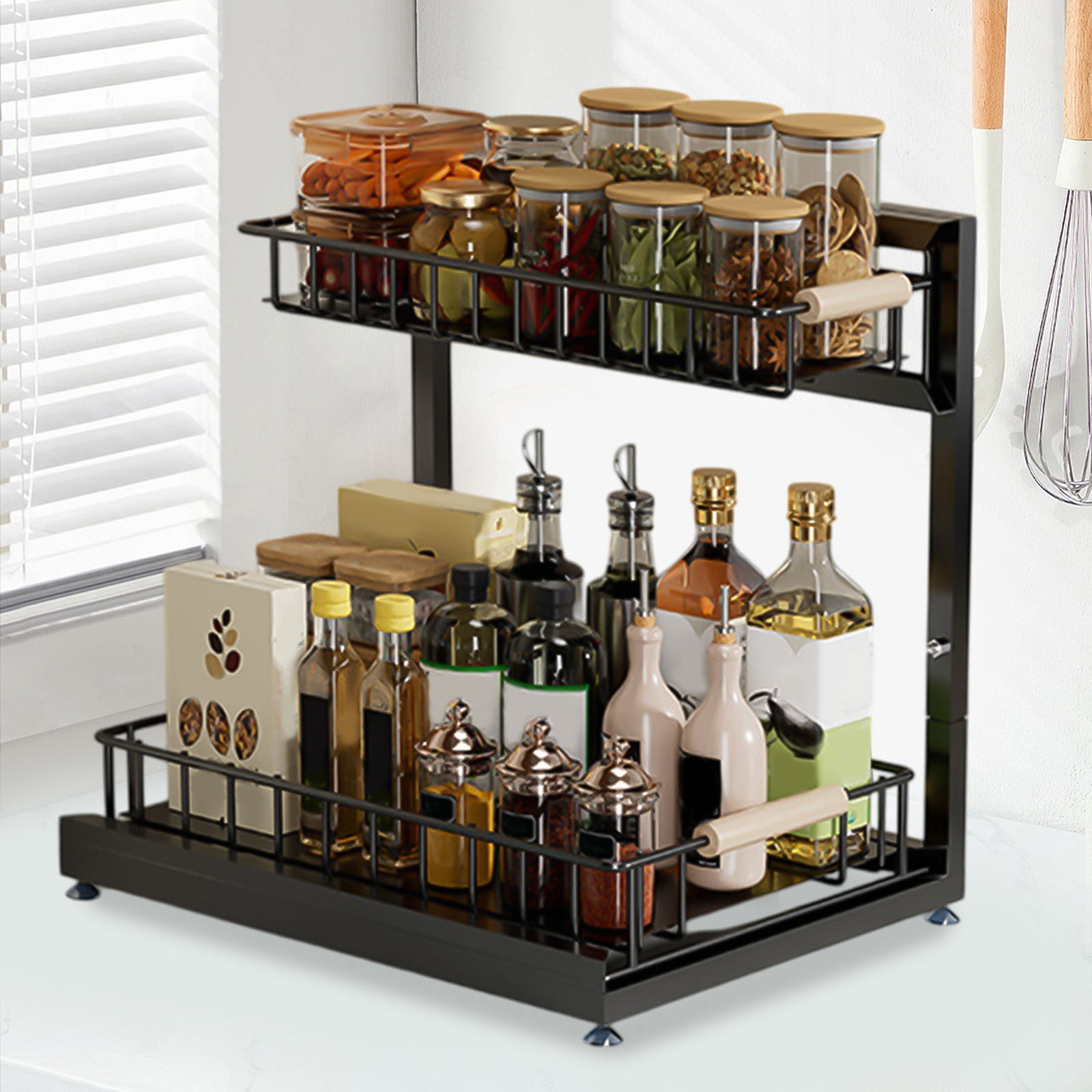 Oggfader Black Under Sink Pull Out Organizer, Adjustable Kitchen Cabinet Storage Rack for Seasoning & Cleaning Supplies