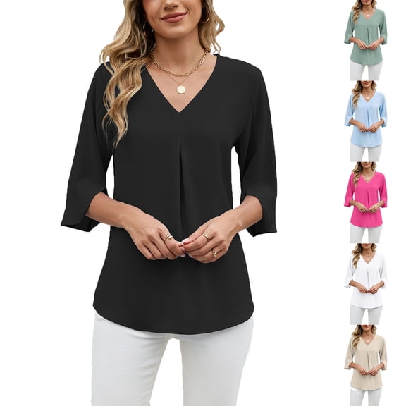 Maplenight Womens 3/4 Sleeve Shirts Pleated Dressy Business Casual Tops Loose V Neck Office Work Shirt