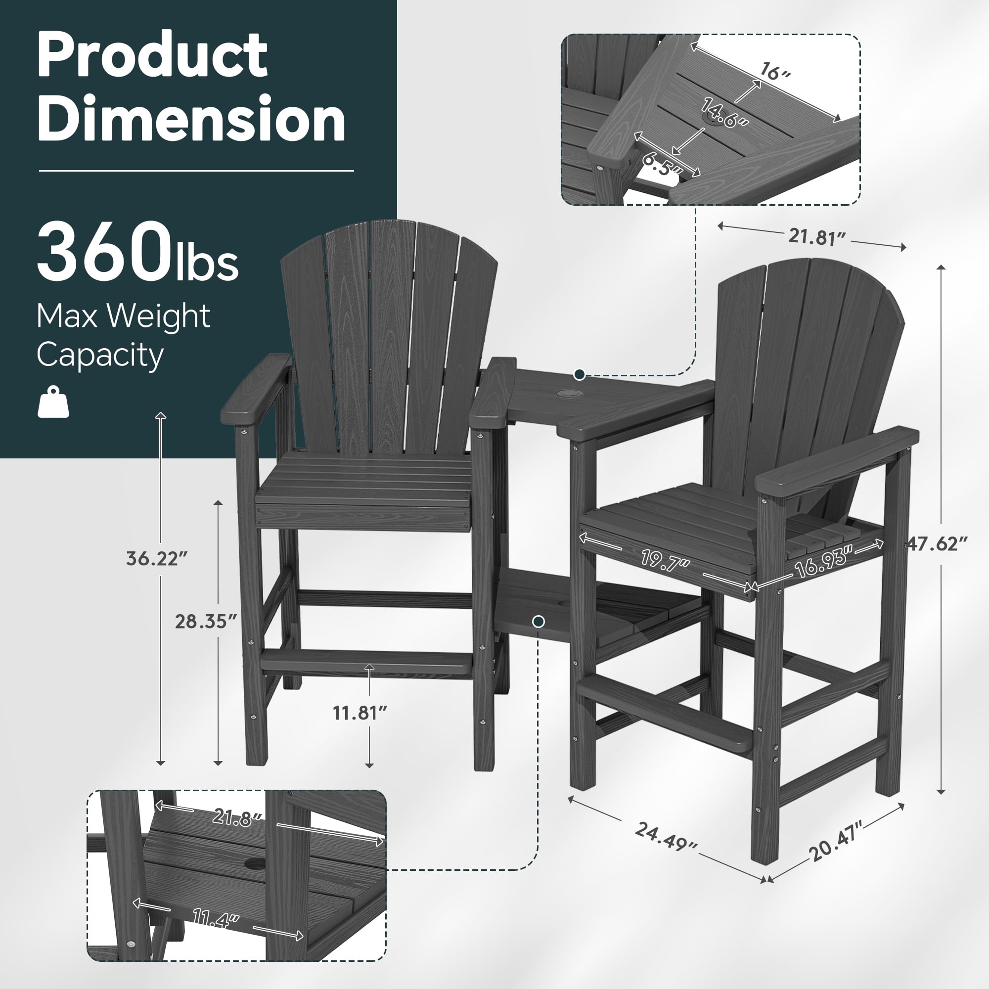 SERWALL Tall Adirondack Chairs Set of 4 with Double Layer Connecting Tray, HDPE Bar Height Outdoor Chairs, for Patio, Balcony, Porch, Pool, Gray