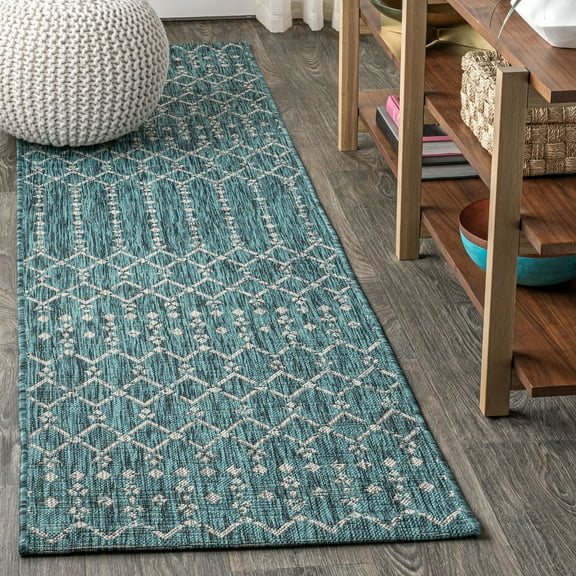 JONATHAN Y SANTA MONICA 2 x 10 Runner Rug, Ourika Moroccan Geometric Textured Weave - Teal/Gray, SMB108C-210