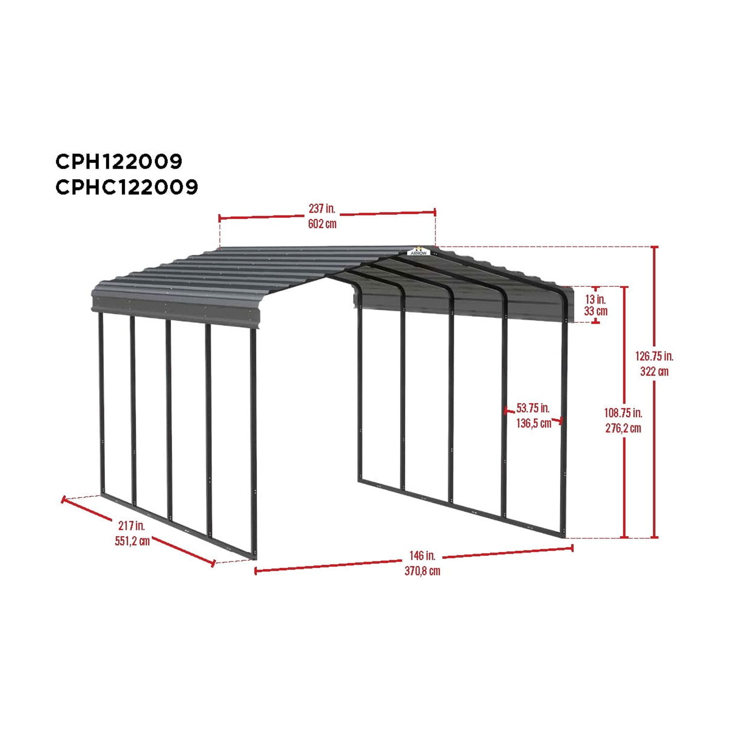 Arrow 12 x 20 x 9 ft Charcoal Carport