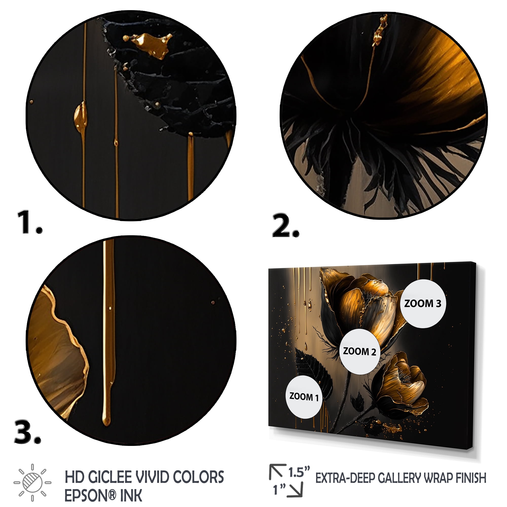 Designart Black And Gold Crocus Floral Design III Canvas Wall Art