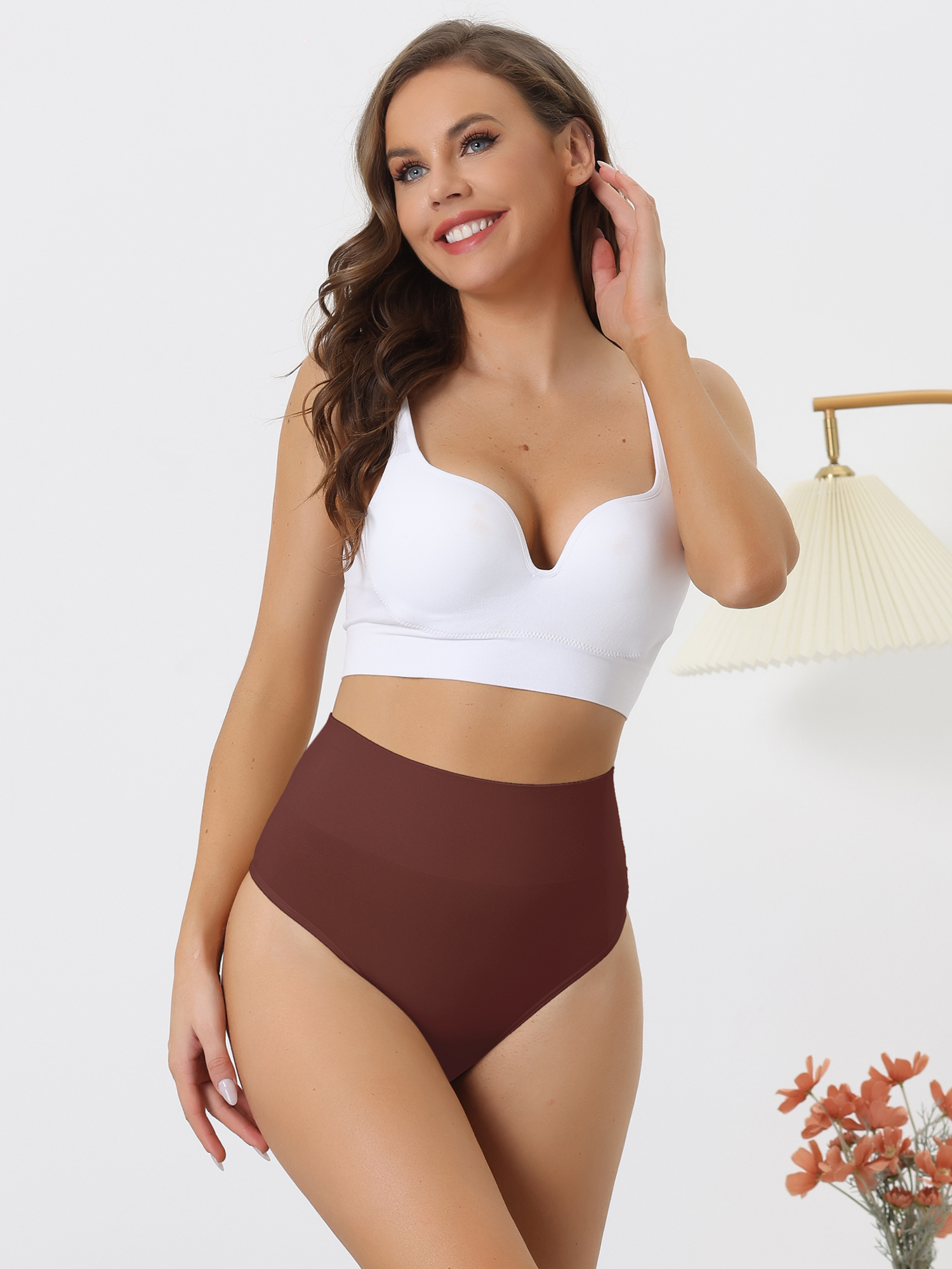 DARING DIVA Women's High-Waisted Briefs Invisible Thong Underwear L Beige Purple