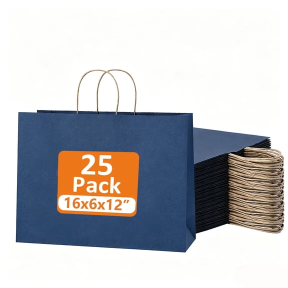 BagDream 25 Pack Large Kraft Paper Bags with Handles 16x6x12 Inch Navy Blue Paper Bag Kraft Shopping Bags for Business Merchandise Wedding Party Favor Bag