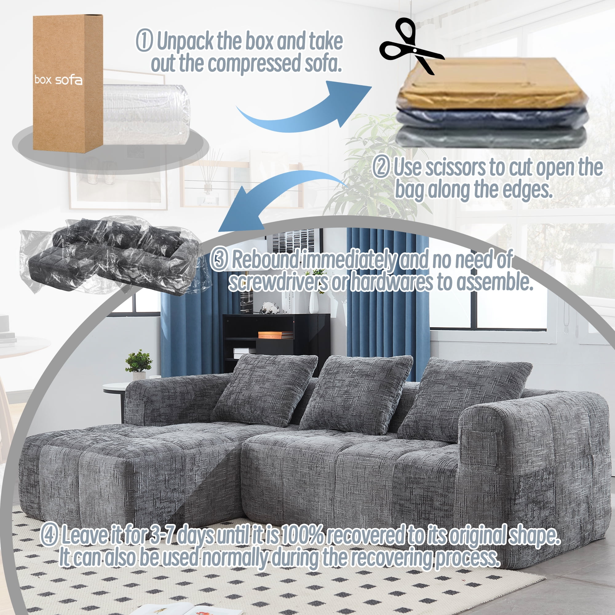 MOONMISS Chenille Upholstered Modern Modular L-shaped Sectional Compression Sofa with 3 Pillows-Gray