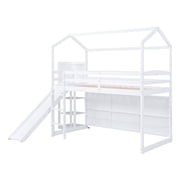 Pinovk Twin Size Wood House Loft bed with Slide, Storage shelves and Light, White