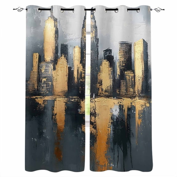 Gold Black Building Blackout Curtains 45 Inches Long for Bedroom, Modern Chic City Oil Painting Thermal Insulated Room Darkening Black Out Window Curtain Panels Grommet Drapes for Living Room