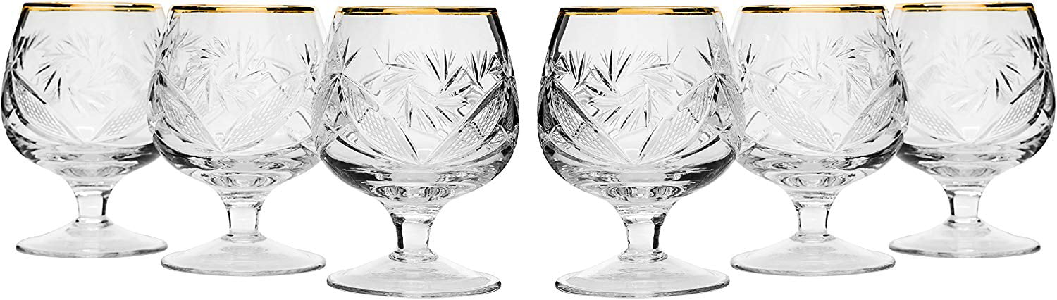 24K Gold-Plated Vintage Scotch Whiskey Cut Crystal Snifters on a Stem Neman TM5290G Set of 6 7 Oz Hand-Made Crystal Brandy Glasses Wedding Drinkware 