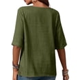 thumbnail image 3 of Women'S Round Neck Short Sleeve Cotton and Linen Button Fashion Casual Top Loose Formal Work T-Shirt Army Green XXL, 3 of 7