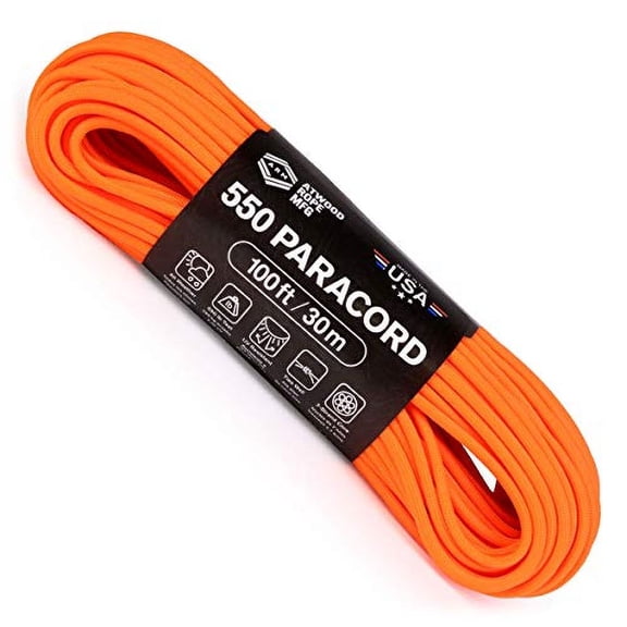 Atwood Rope MFG 550 Paracord 100 Feet 7-Strand Core Nylon Parachute Cord Outside Survival Gear Made in USA | Lanyards, Bracelets, Handle Wraps, Keychain (Neon Orange)
