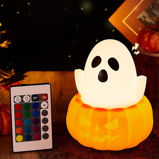 Lámpara decorativa de Halloween con forma de calabaza y fantasma, carga USB, luz nocturna de silicona con sensor de movimiento y control remoto, atenuación, colores cambiantes, ambiente cambiante.